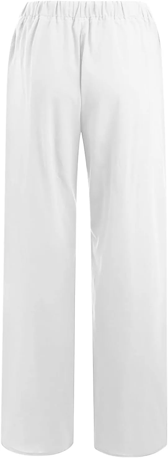 Women's Cotton Linen Palazzo Pants Elastic Waisted Wide Leg Pants with Pockets Summer Beach Trousers Casual Pant