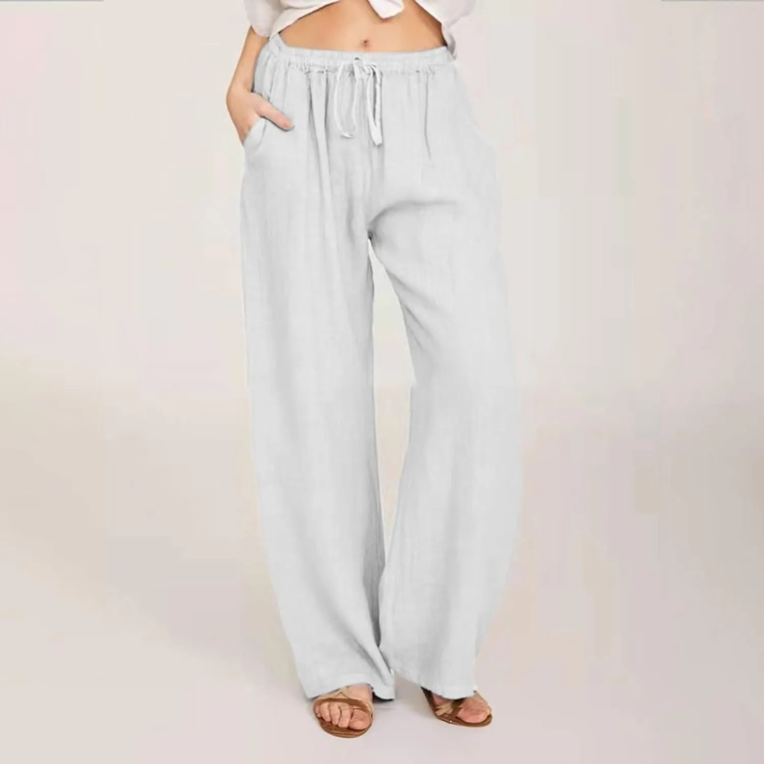 Women's Cotton Linen Palazzo Pants Elastic Waisted Wide Leg Pants with Pockets Summer Beach Trousers Casual Pant
