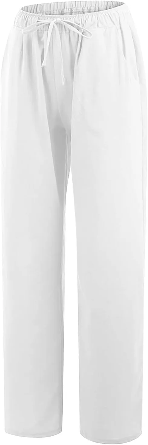 Women's Cotton Linen Palazzo Pants Elastic Waisted Wide Leg Pants with Pockets Summer Beach Trousers Casual Pant