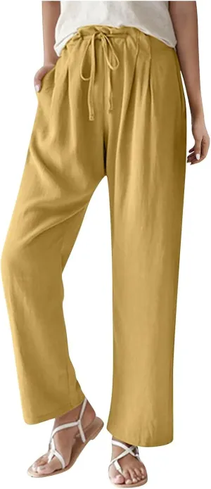 Women's Cotton Linen Pants Summer Wide Leg Casual Loose Drawstring High Waist Palazzo Trousers Pants Tie Knot Lounge