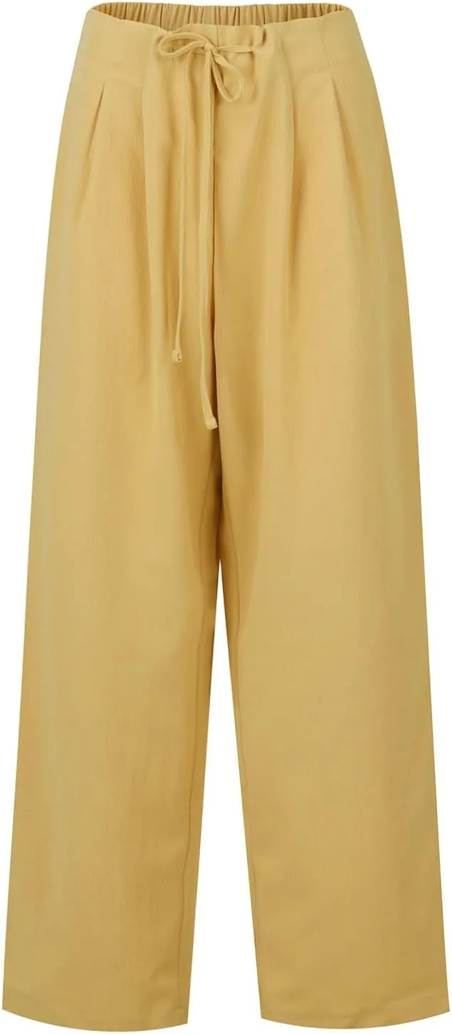 Women's Cotton Linen Pants Summer Wide Leg Casual Loose Drawstring High Waist Palazzo Trousers Pants Tie Knot Lounge