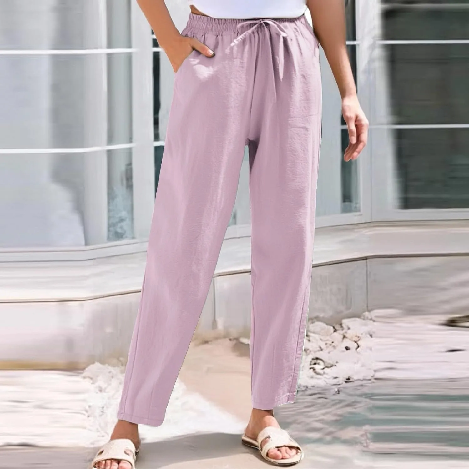 Women's Cotton Linen Straight Leg Pants Elastic Drawstring Summer Trousers with Pockets Casual Beach Lounge Pants