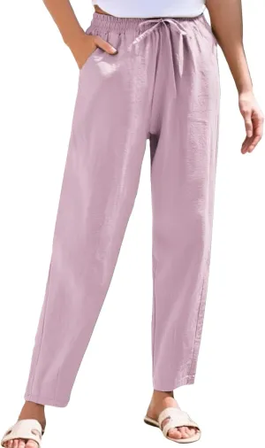 Women's Cotton Linen Straight Leg Pants Elastic Drawstring Summer Trousers with Pockets Casual Beach Lounge Pants