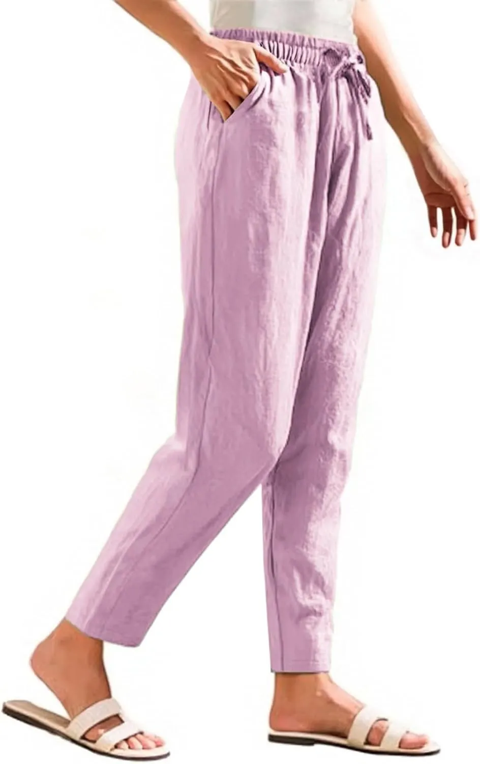 Women's Cotton Linen Straight Leg Pants Elastic Drawstring Summer Trousers with Pockets Casual Beach Lounge Pants