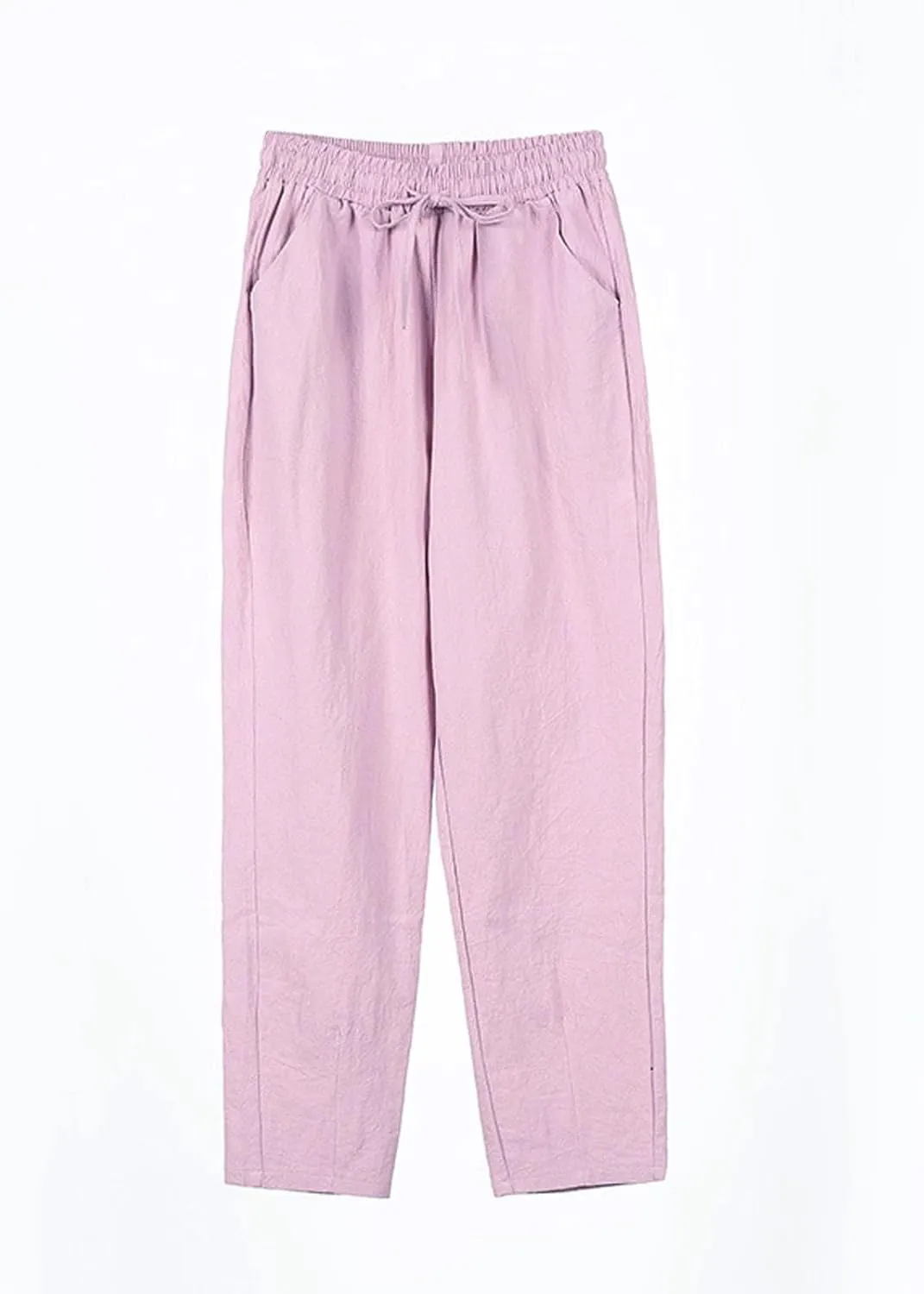 Women's Cotton Linen Straight Leg Pants Elastic Drawstring Summer Trousers with Pockets Casual Beach Lounge Pants
