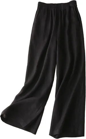 Women's Cotton Linen Summer Boho Palazzo Lounge Pants Elastic Waist Baggy Stretchy Slim Fit Trouser Vacation