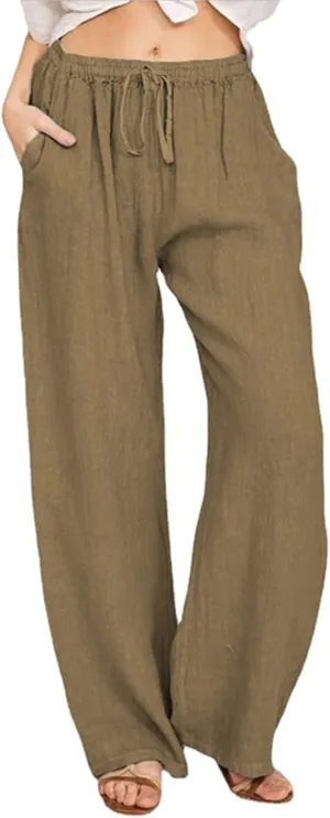 Womens Cotton Linen Summer Striped Pants High Waist Bootcut Slim Fit Trousers Trendy