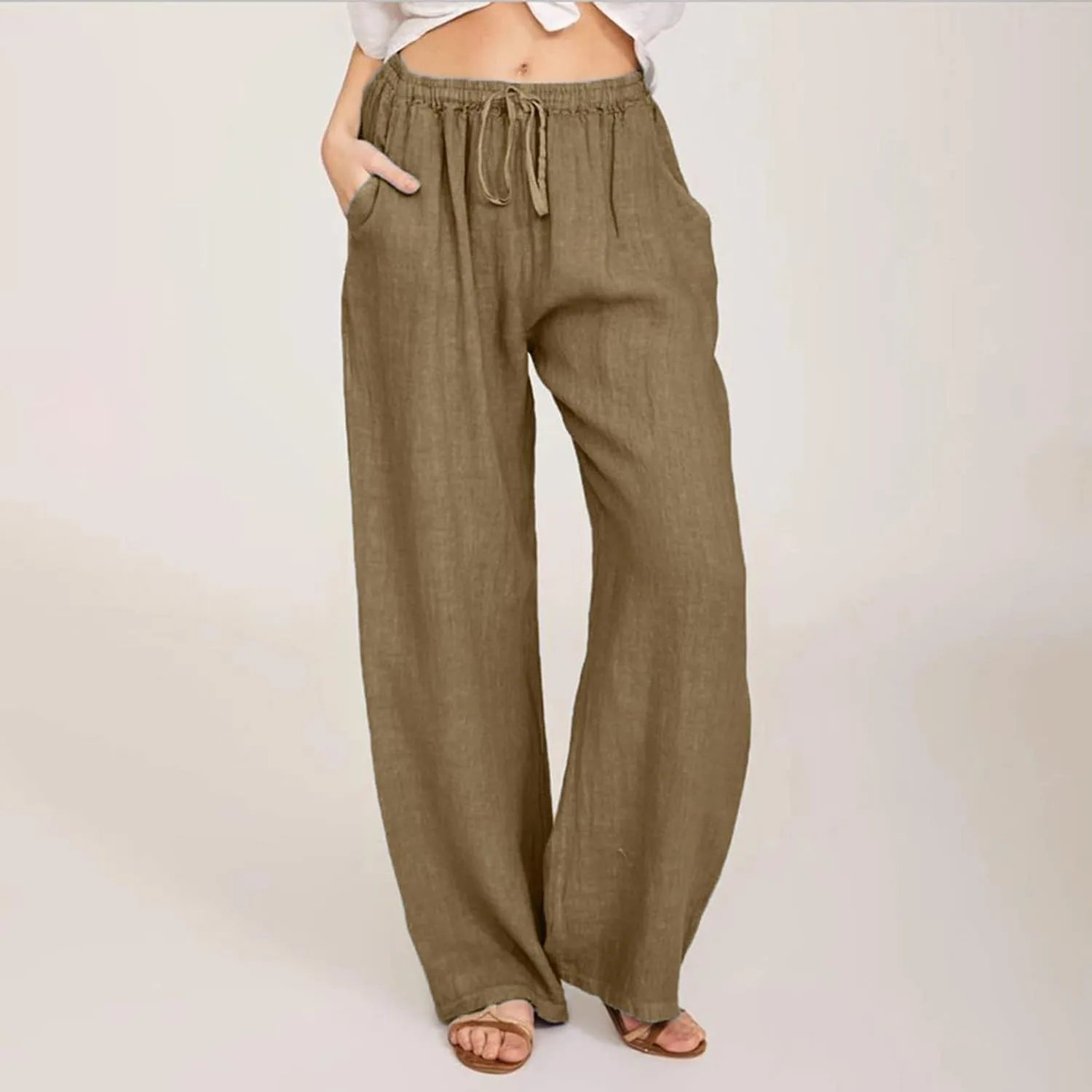 Womens Cotton Linen Summer Striped Pants High Waist Bootcut Slim Fit Trousers Trendy