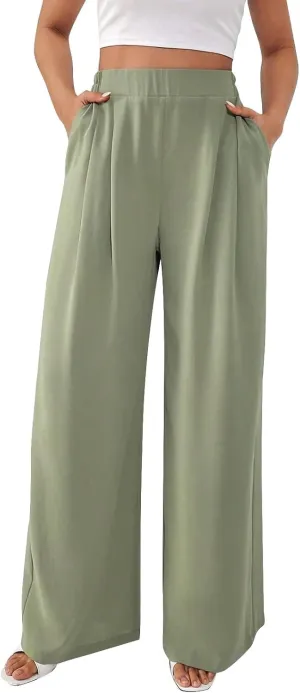 Women's Crinkle Textured Wide Leg Pants High-Waisted Cooling Summer Stretchy Lightweight Lounge to Office
