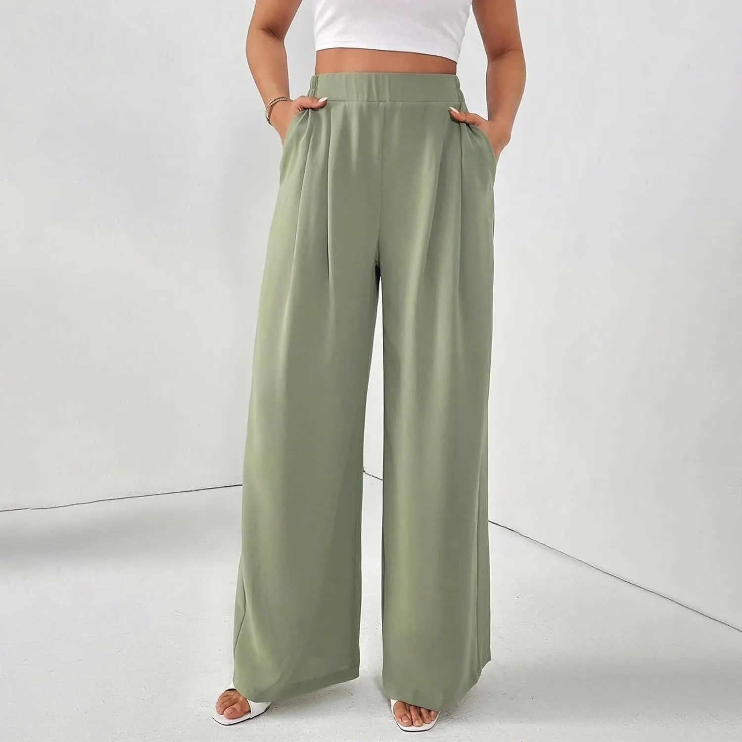 Women's Crinkle Textured Wide Leg Pants High-Waisted Cooling Summer Stretchy Lightweight Lounge to Office