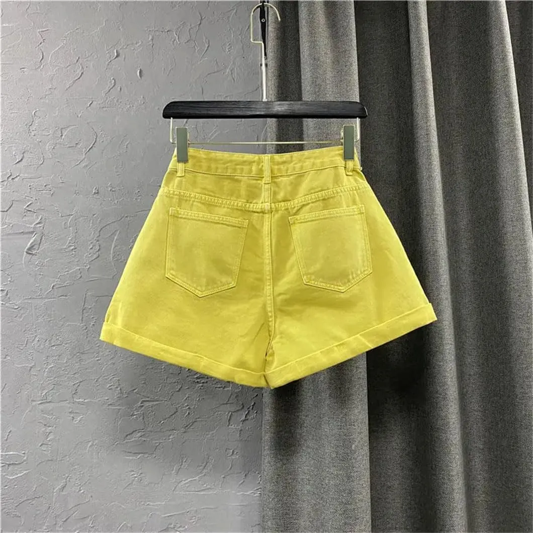 Womens Denim Shorts A-Line Pants Jean Short Solid Color High Waisted Button Pant
