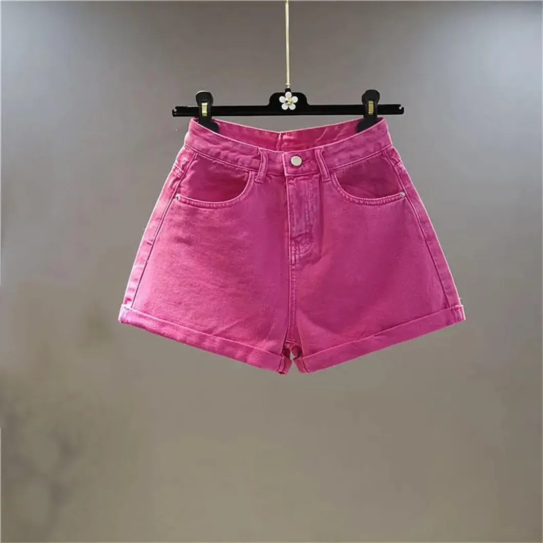 Womens Denim Shorts A-Line Pants Jean Short Solid Color High Waisted Button Pant