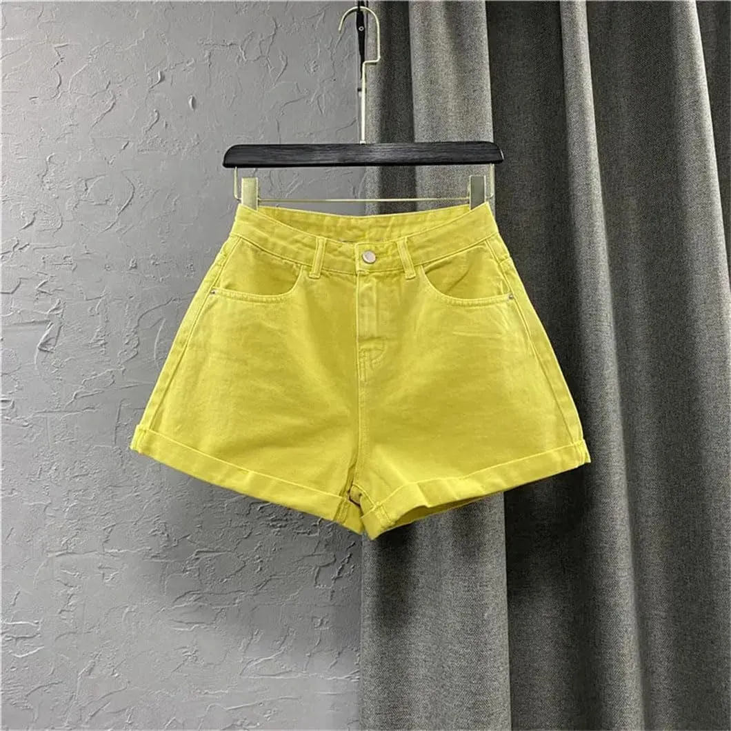 Womens Denim Shorts A-Line Pants Jean Short Solid Color High Waisted Button Pant