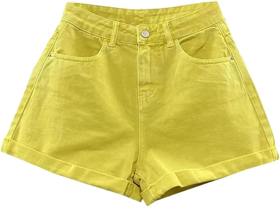 Womens Denim Shorts A-Line Pants Jean Short Solid Color High Waisted Button Pant