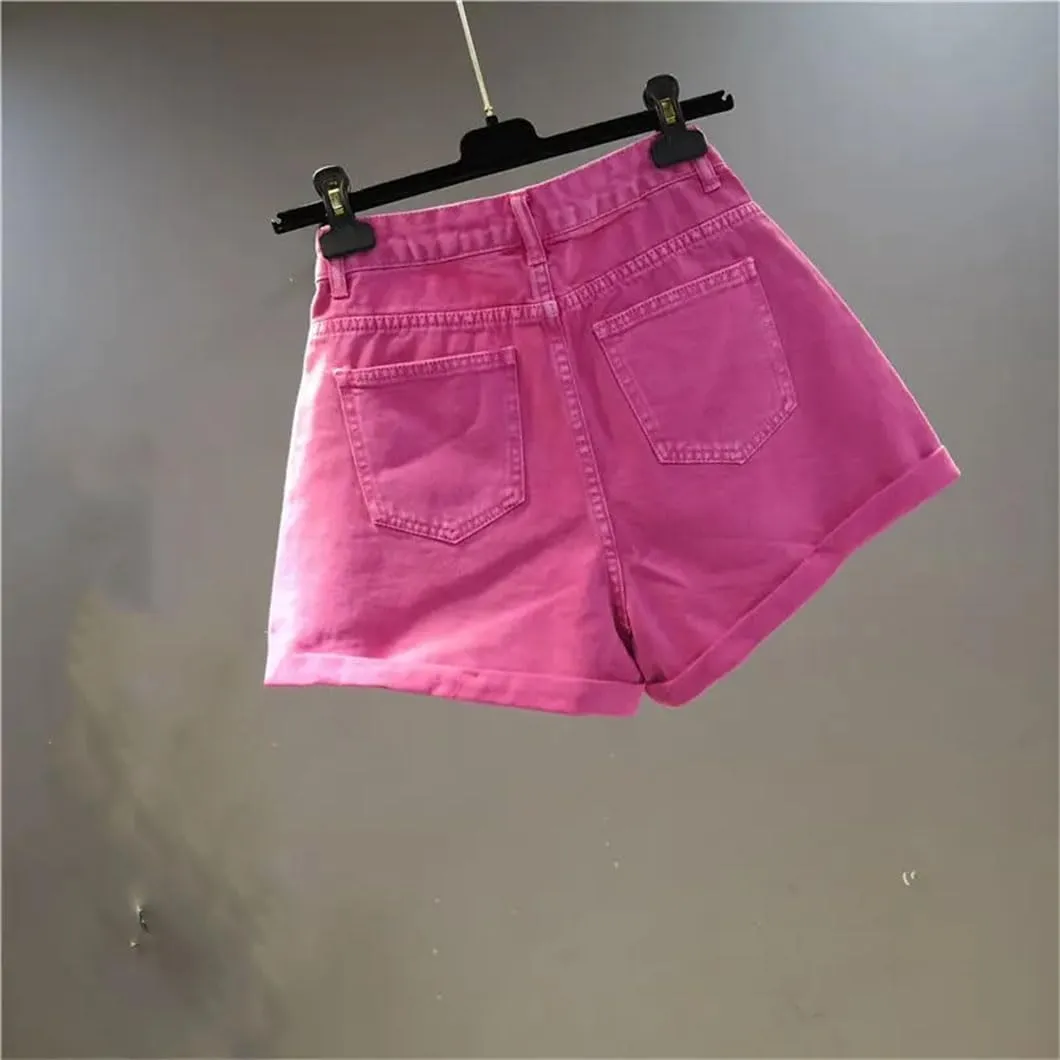 Womens Denim Shorts A-Line Pants Jean Short Solid Color High Waisted Button Pant