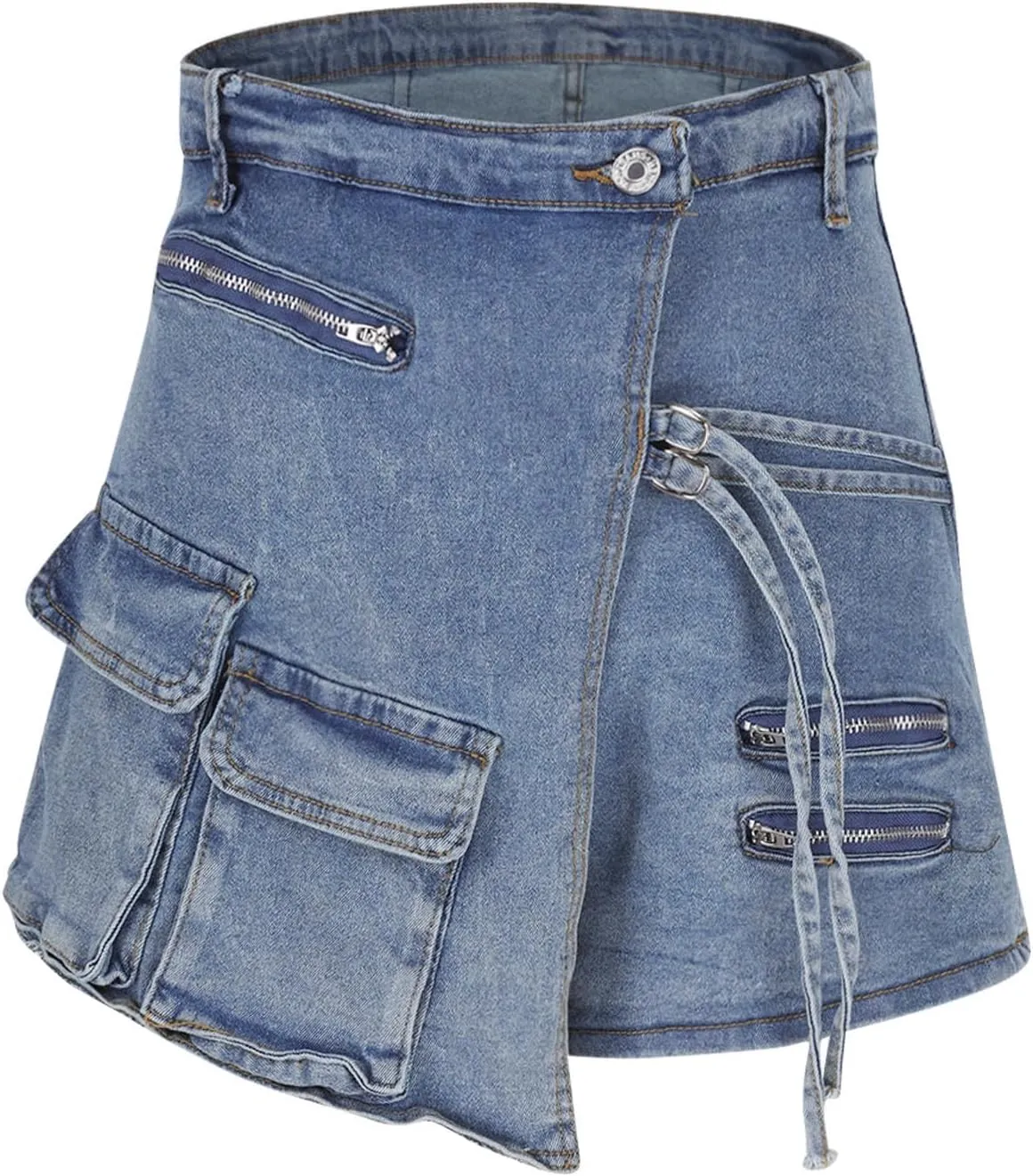 Women's Denim Skorts Stretchy Asymmetrical Cargo Jean Skirt High Waisted Zipper Shorts Wrap Mini Short Skirts