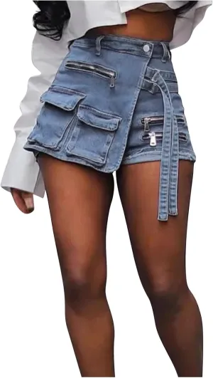 Women's Denim Skorts Stretchy Asymmetrical Cargo Jean Skirt High Waisted Zipper Shorts Wrap Mini Short Skirts