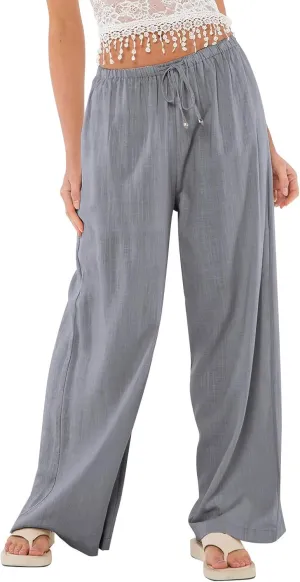 Womens Drawstring Elastic Waist Casual Wide Leg Trousers Cotton Linen Flowy Vacation Beach Palazzo Pants with Pockets