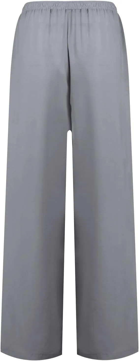 Womens Drawstring Elastic Waist Casual Wide Leg Trousers Cotton Linen Flowy Vacation Beach Palazzo Pants with Pockets