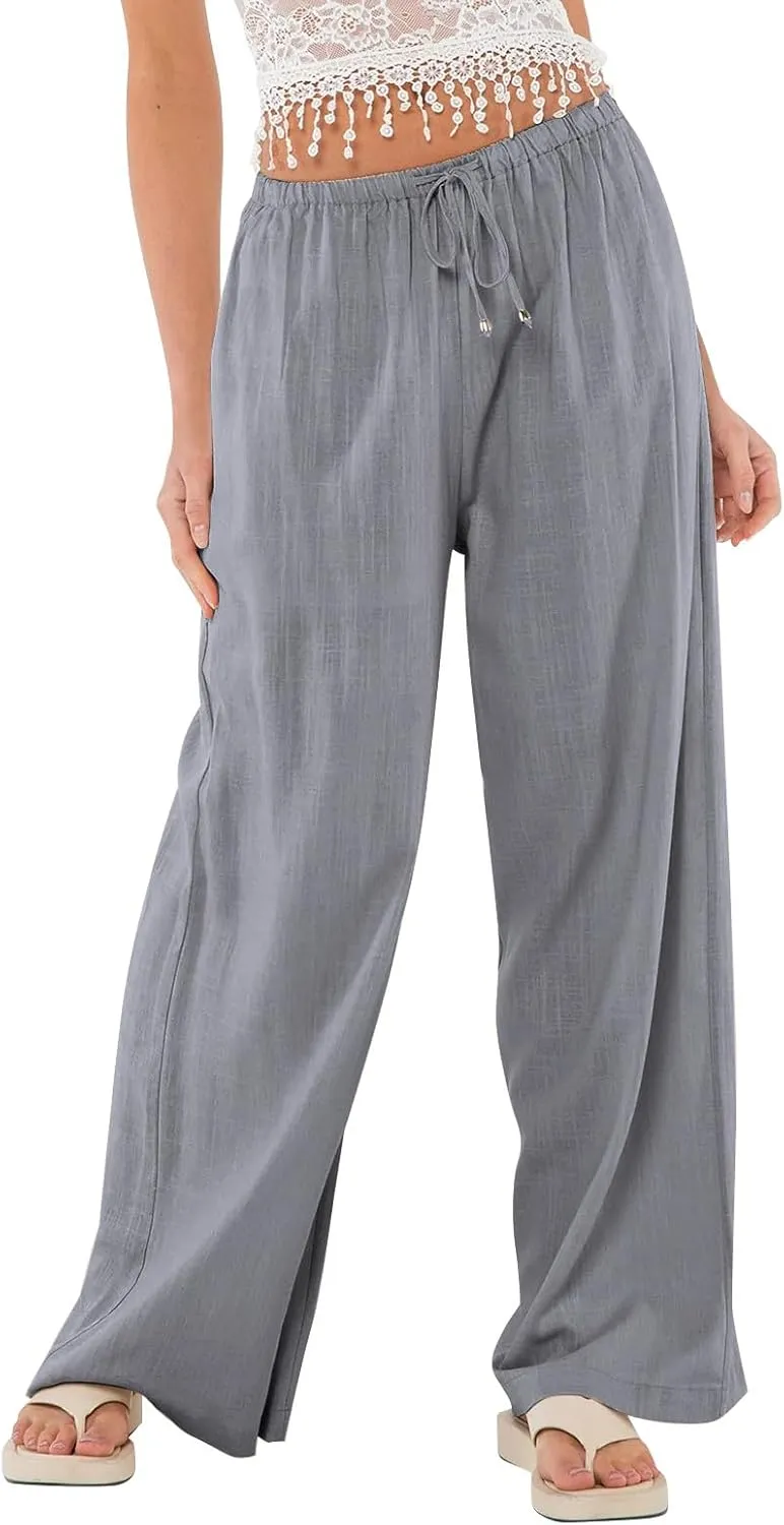Womens Drawstring Elastic Waist Casual Wide Leg Trousers Cotton Linen Flowy Vacation Beach Palazzo Pants with Pockets