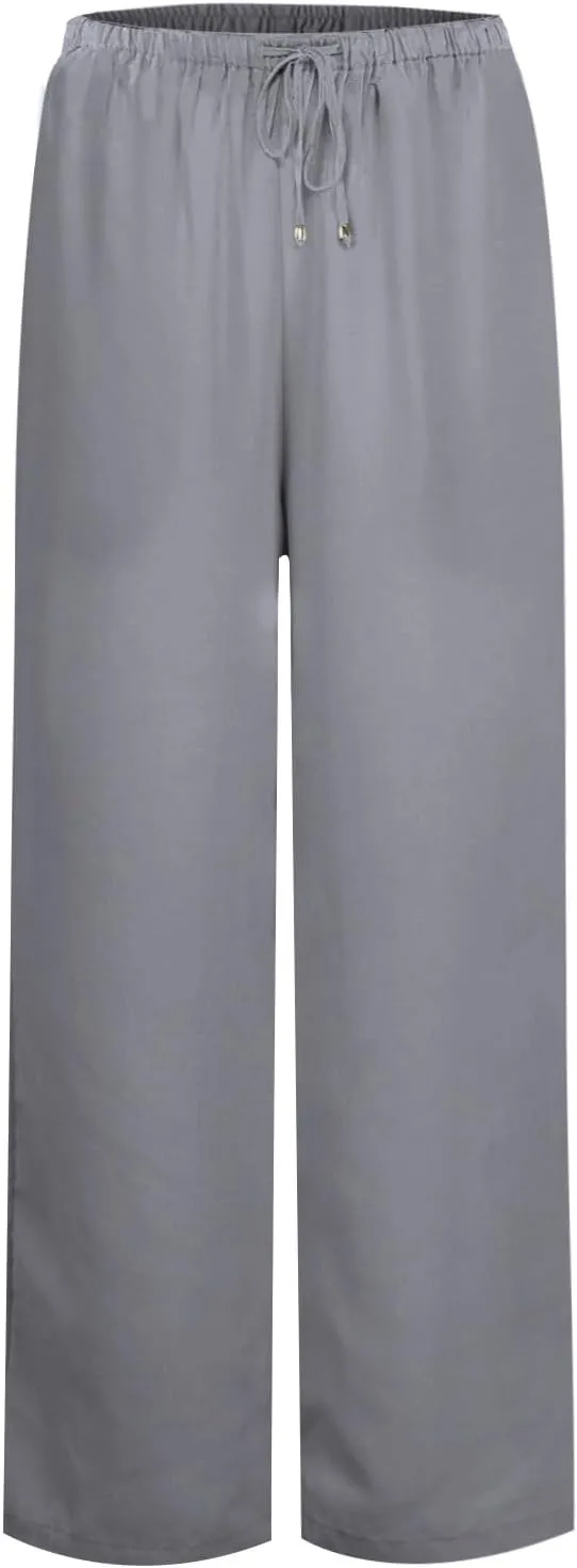 Womens Drawstring Elastic Waist Casual Wide Leg Trousers Cotton Linen Flowy Vacation Beach Palazzo Pants with Pockets