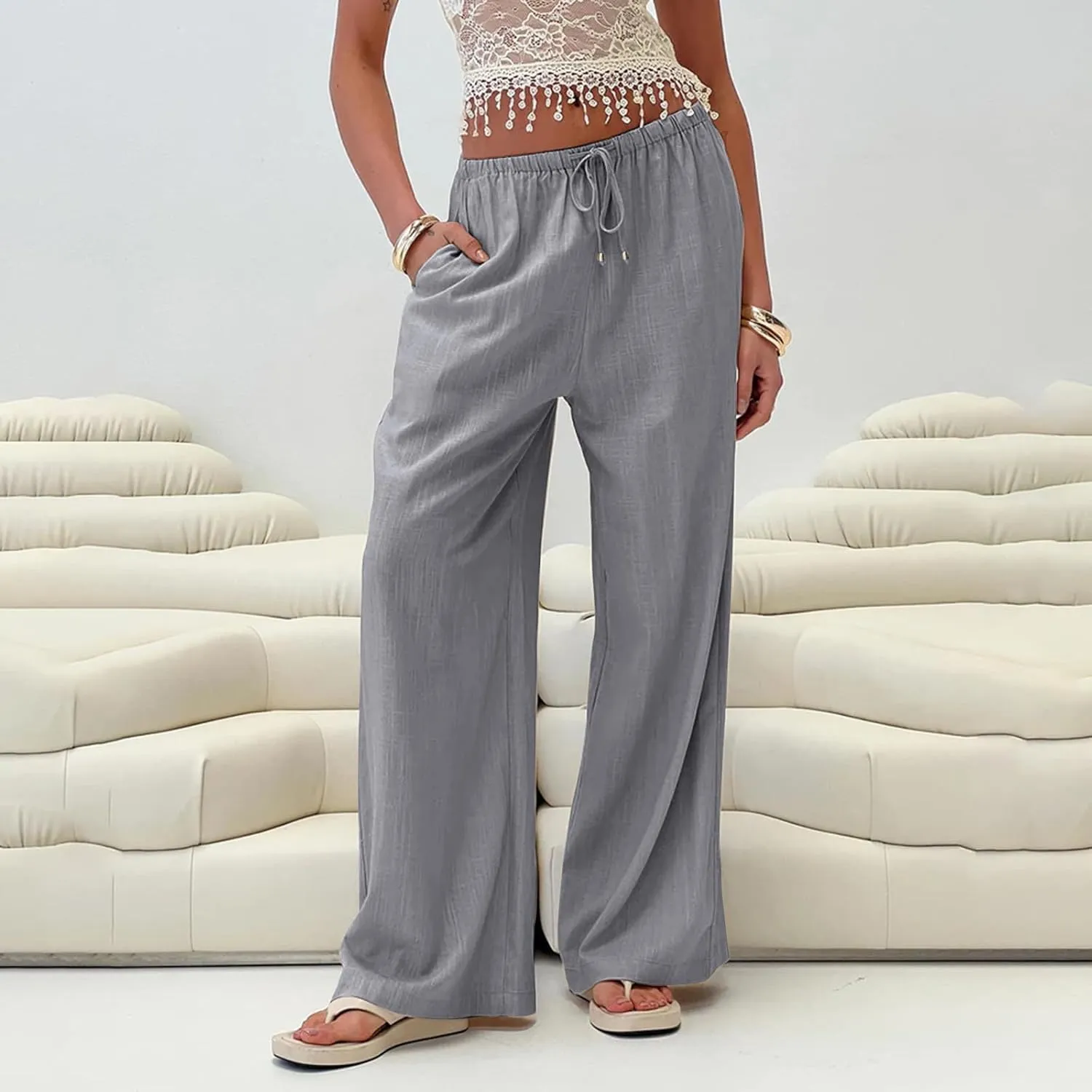 Womens Drawstring Elastic Waist Casual Wide Leg Trousers Cotton Linen Flowy Vacation Beach Palazzo Pants with Pockets