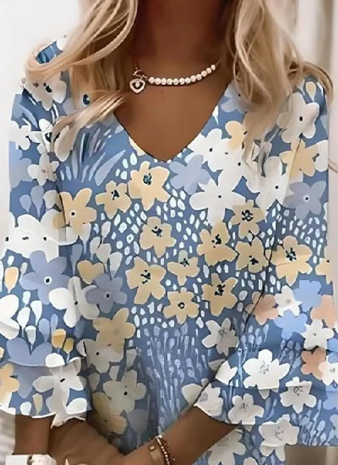 Womens Elegant Floral Print Dress 3/4 Sleeve V Neck Mini Dress