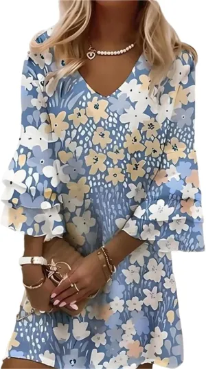 Womens Elegant Floral Print Dress 3/4 Sleeve V Neck Mini Dress