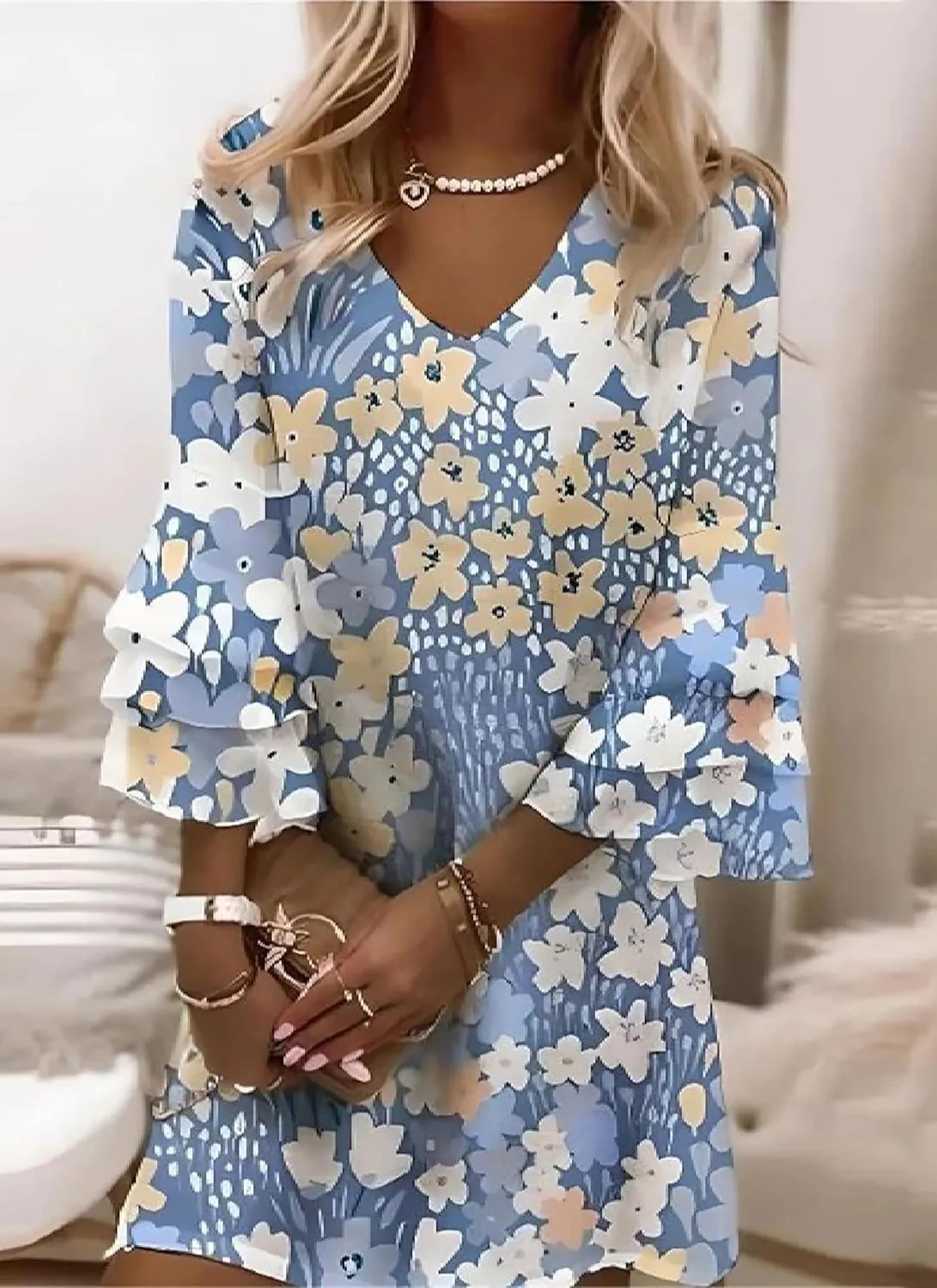 Womens Elegant Floral Print Dress 3/4 Sleeve V Neck Mini Dress