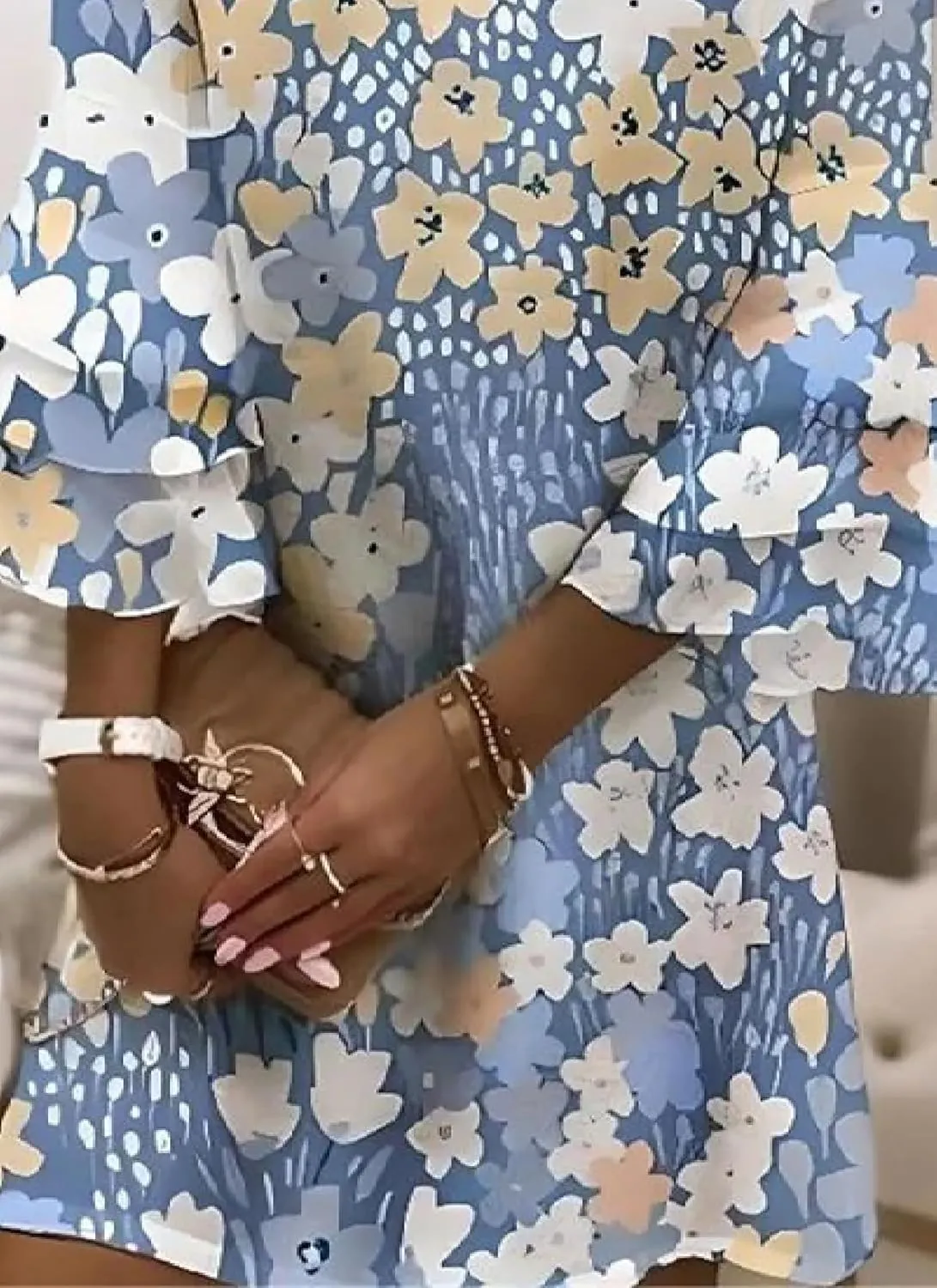 Womens Elegant Floral Print Dress 3/4 Sleeve V Neck Mini Dress