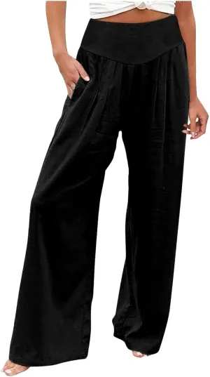 Women's Fleece Lined Pants Winter Colorful Beach Palazzo with Pockets Straight Leg Flare Leggings