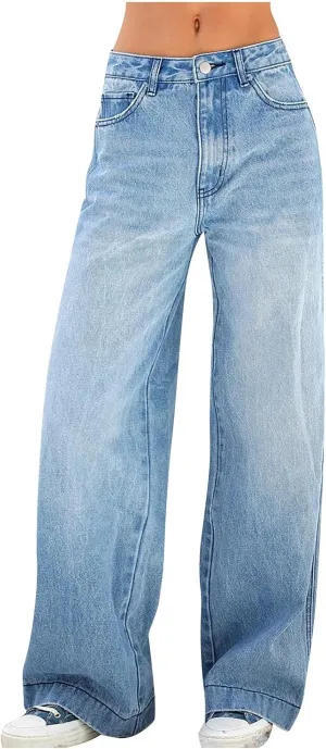 Women's High Waist Baggy Wide Leg Denim Jeans Flap Pocket Side Jeans Straight Casual Loose Trousers Classic Streetwear Dark Blue, XX-Large