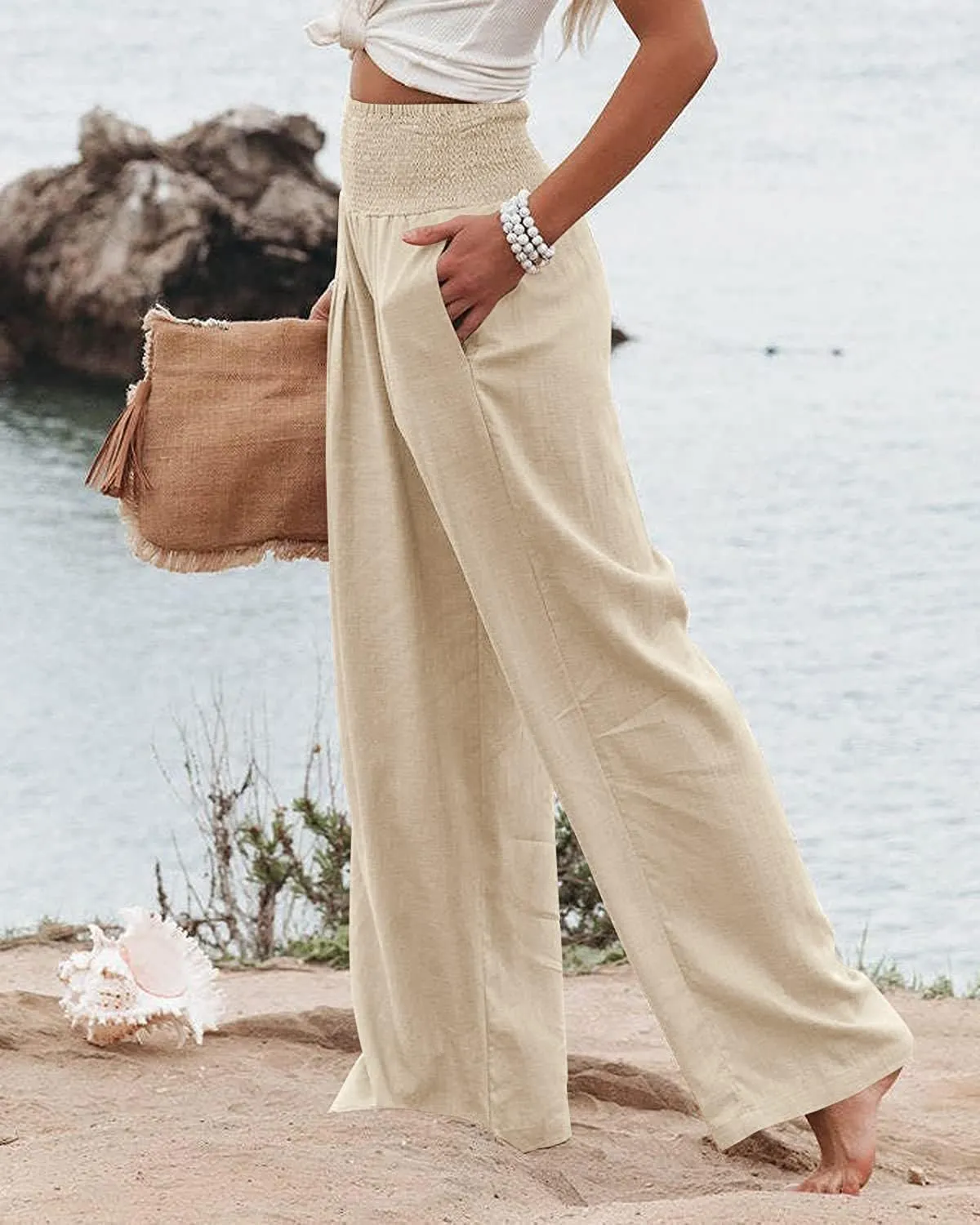 Women's High Waist Linen Pants with Pockets Casual Wide Leg Palazzo Lounge Yoga Pant Cotton Boho Flare Loose Flowy Trousers