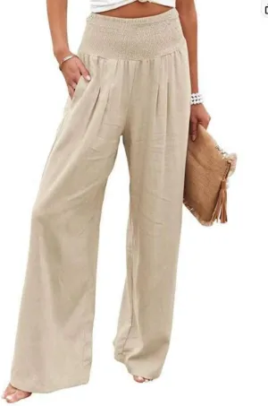 Women's High Waist Linen Pants with Pockets Casual Wide Leg Palazzo Lounge Yoga Pant Cotton Boho Flare Loose Flowy Trousers