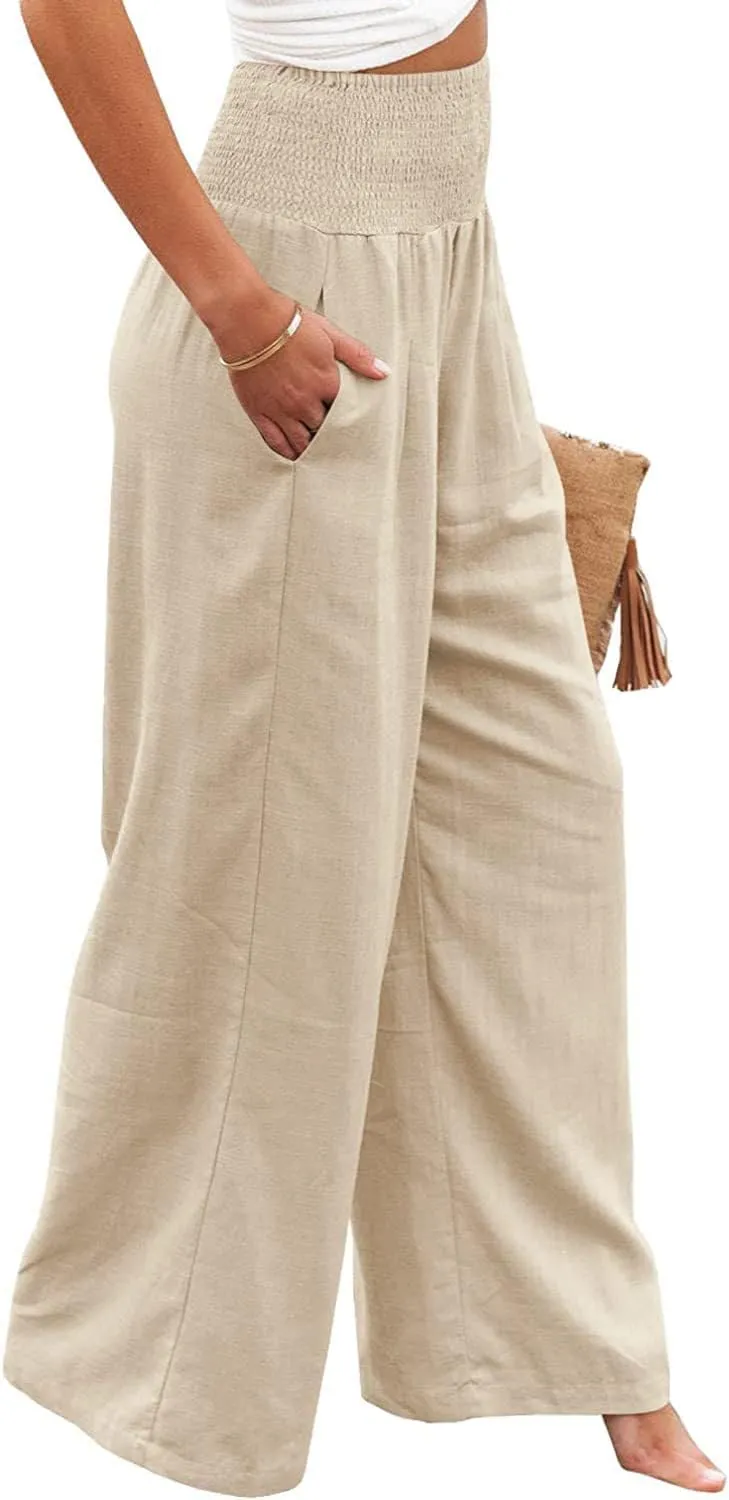 Women's High Waist Linen Pants with Pockets Casual Wide Leg Palazzo Lounge Yoga Pant Cotton Boho Flare Loose Flowy Trousers