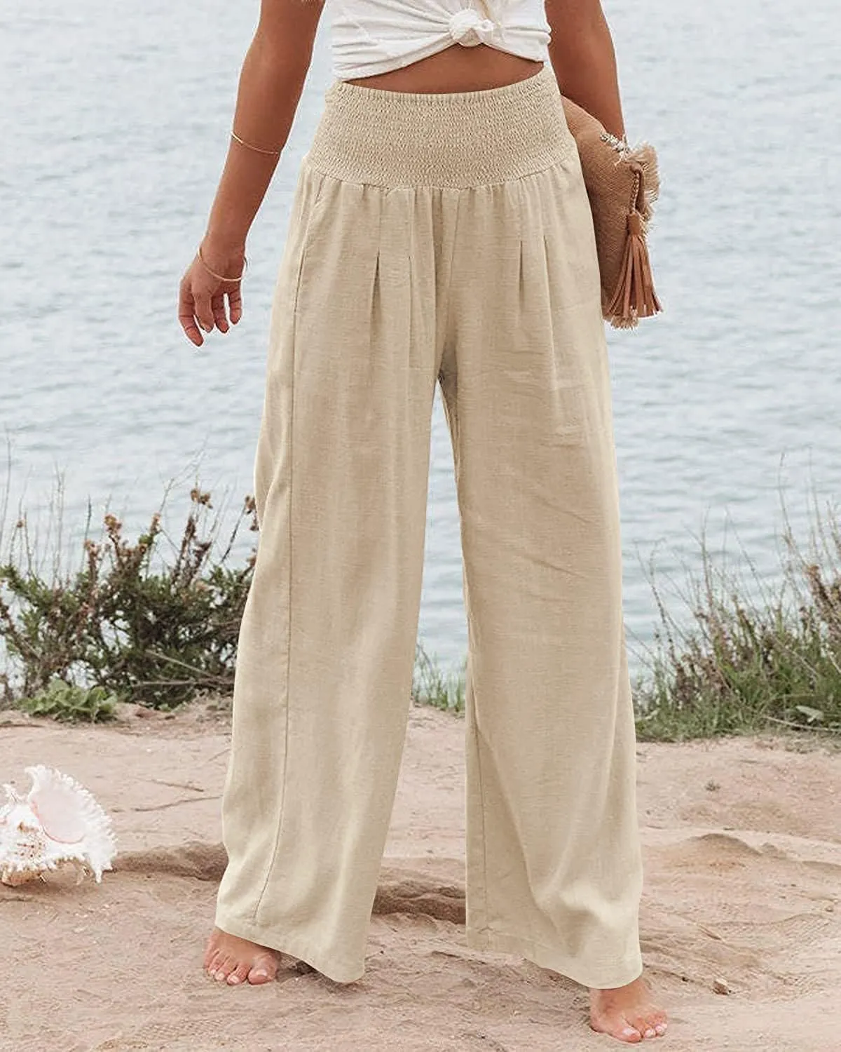 Women's High Waist Linen Pants with Pockets Casual Wide Leg Palazzo Lounge Yoga Pant Cotton Boho Flare Loose Flowy Trousers