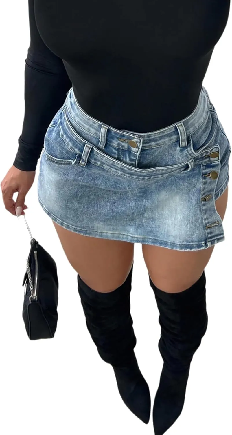 Women's High Waisted Denim Shorts Summer Sexy Asymmetrical Mini Jean Skirt