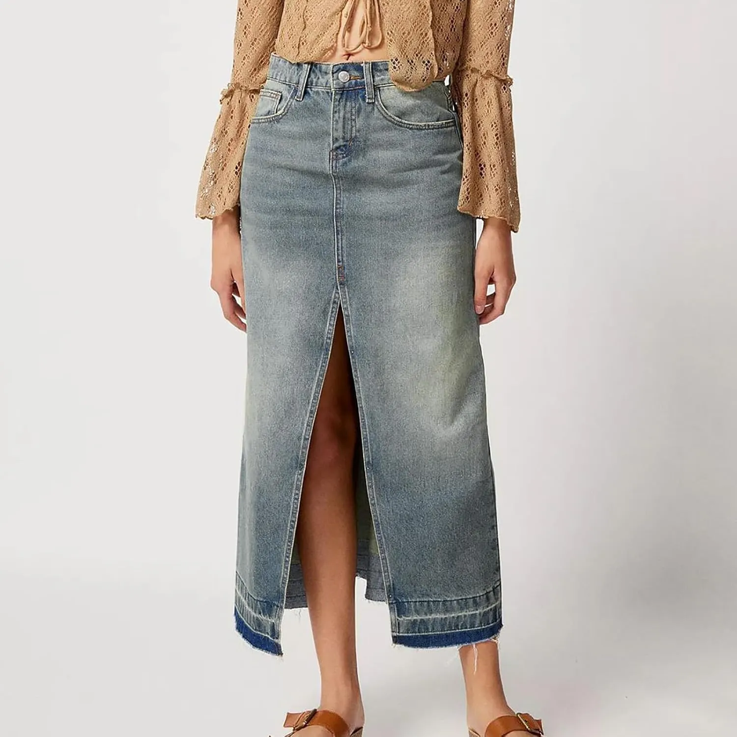 Women's High Waisted Denim Skirt Button Fly Split Hem Thigh Maxi Skirts Elegant Midi A Line Bodycon Denim Jean Skirt