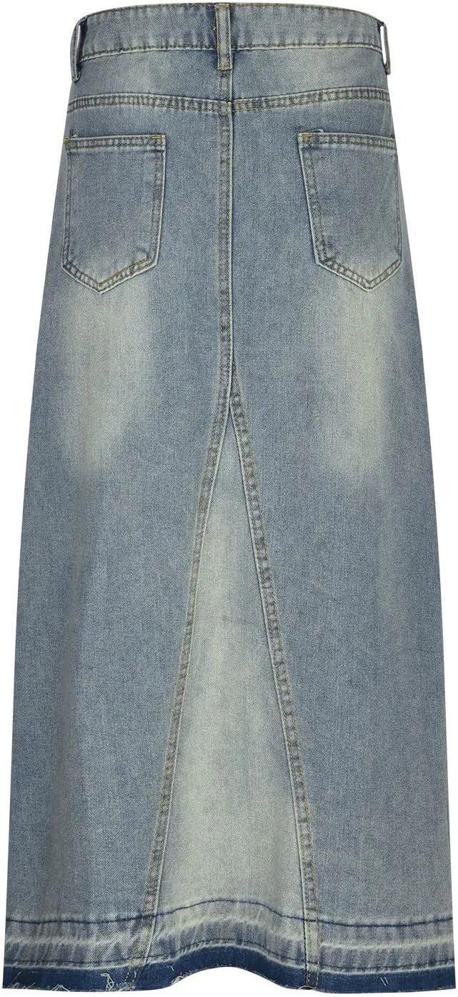 Women's High Waisted Denim Skirt Button Fly Split Hem Thigh Maxi Skirts Elegant Midi A Line Bodycon Denim Jean Skirt