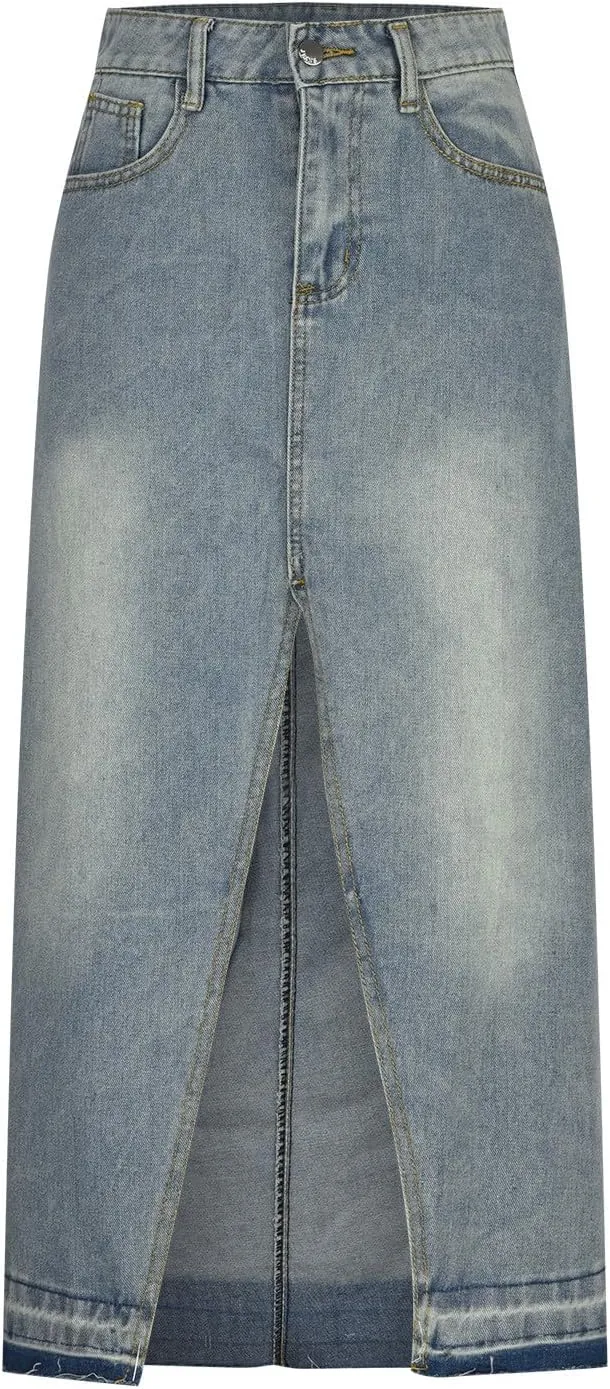Women's High Waisted Denim Skirt Button Fly Split Hem Thigh Maxi Skirts Elegant Midi A Line Bodycon Denim Jean Skirt