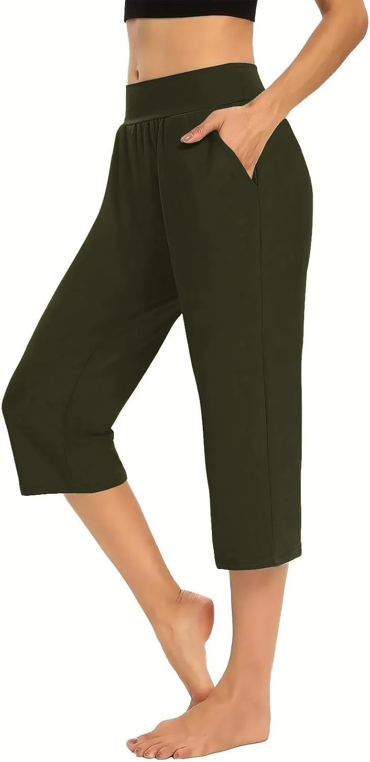 Womens Hiking Pants Elastic Waist Petite Short Summer Capri Pants for Women Stretch Cargo Loose Capris Linen Cotton