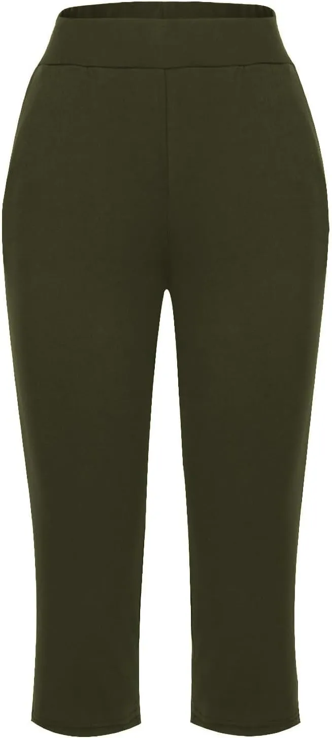 Womens Hiking Pants Elastic Waist Petite Short Summer Capri Pants for Women Stretch Cargo Loose Capris Linen Cotton