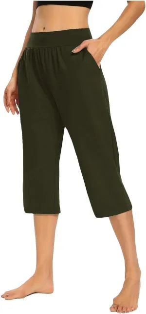 Womens Hiking Pants Elastic Waist Petite Short Summer Capri Pants for Women Stretch Cargo Loose Capris Linen Cotton
