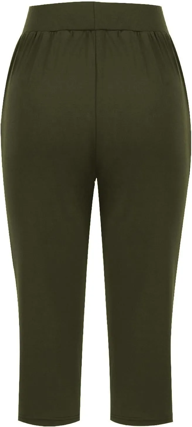 Womens Hiking Pants Elastic Waist Petite Short Summer Capri Pants for Women Stretch Cargo Loose Capris Linen Cotton