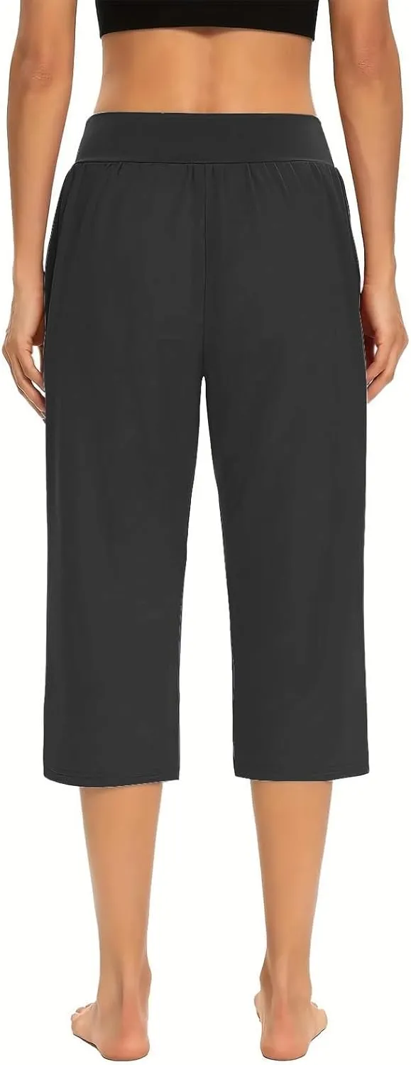 Womens Hiking Pants Elastic Waist Petite Short Summer Capri Pants for Women Stretch Cargo Loose Capris Linen Cotton