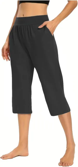 Womens Hiking Pants Elastic Waist Petite Short Summer Capri Pants for Women Stretch Cargo Loose Capris Linen Cotton