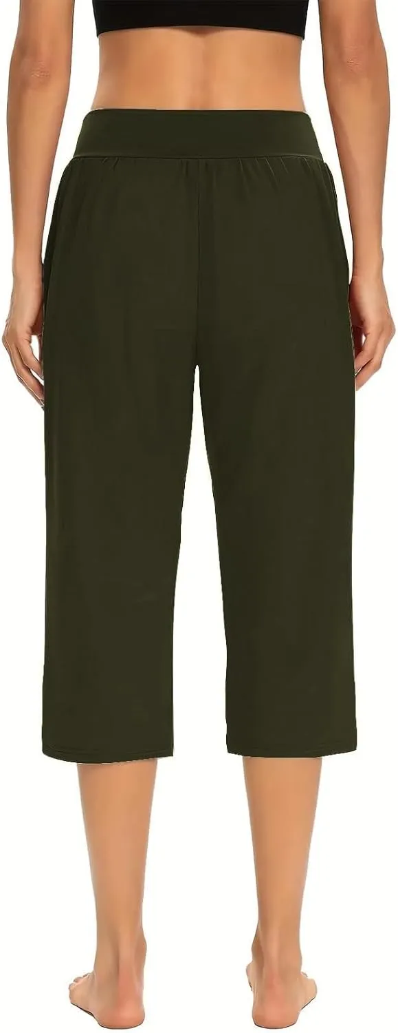 Womens Hiking Pants Elastic Waist Petite Short Summer Capri Pants for Women Stretch Cargo Loose Capris Linen Cotton
