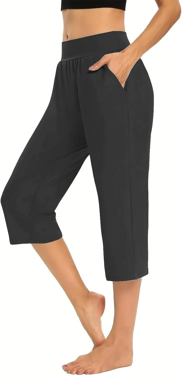 Womens Hiking Pants Elastic Waist Petite Short Summer Capri Pants for Women Stretch Cargo Loose Capris Linen Cotton