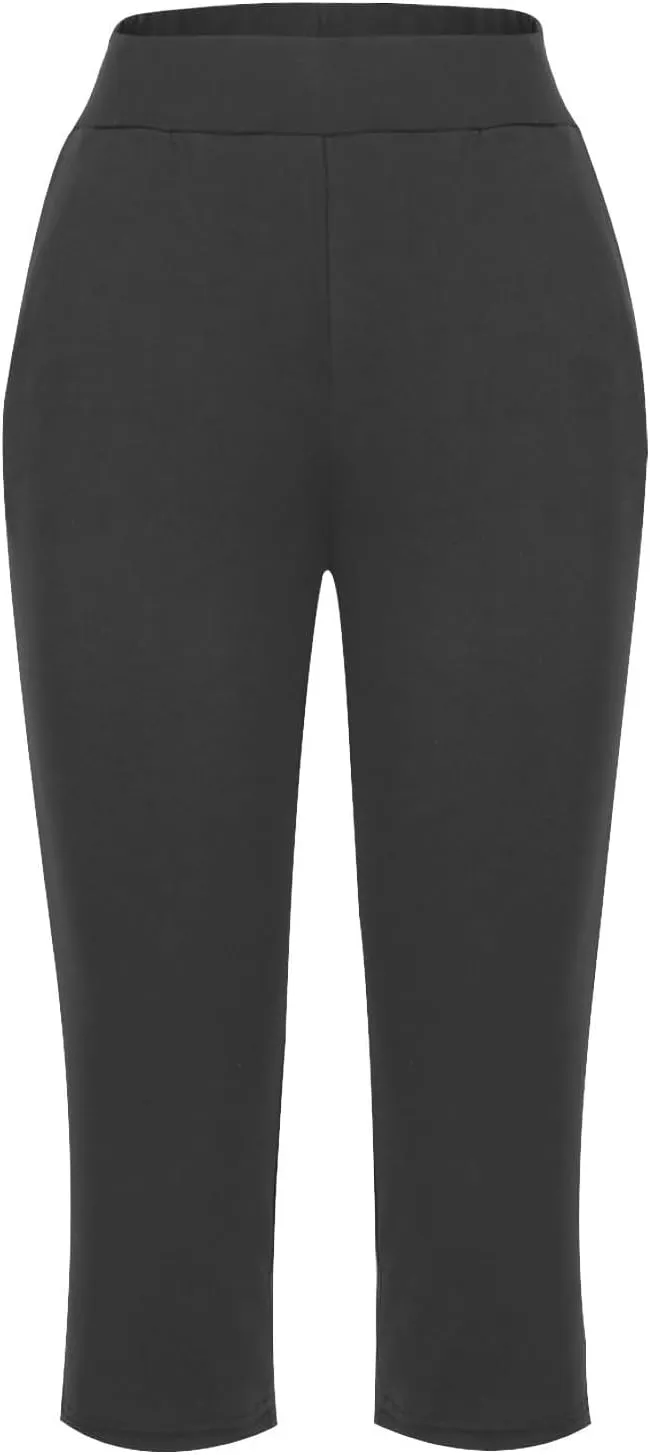 Womens Hiking Pants Elastic Waist Petite Short Summer Capri Pants for Women Stretch Cargo Loose Capris Linen Cotton