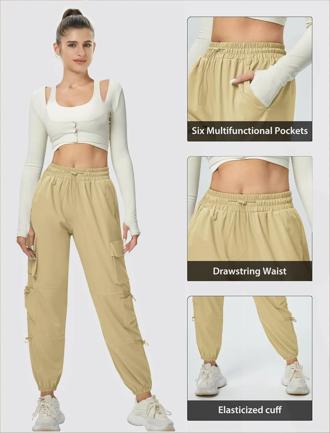 Women's Lightweight Cargo Pants Quick Dry Joggers with 6 Pockets Elastic Waist and Water-Resistant Hiking Pants